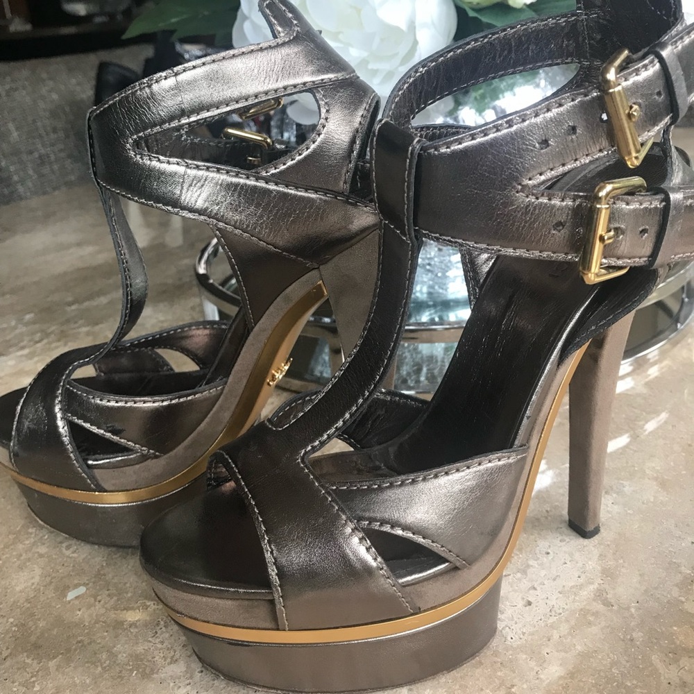 Gucci bronze t strap platform heels 39